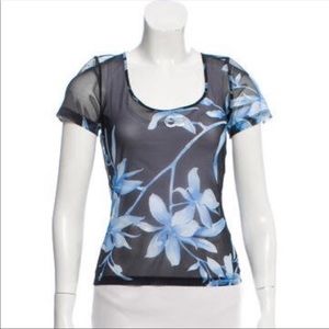 AUTHENTIC ESCADA BLUE FLORAL SHEER EMBELLISHED TOP